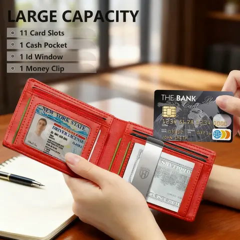 HAILTH Men's Wallet Ultra-Thin RFID Blocking Leather Bifold, 12 Card Slots, ID Window, Metal Cash Area Keeps Bills Tidy. Slim Front Pocket Everyday Carry. Premium Gift Box for Father's Day, Work, Travel & Daily Use.