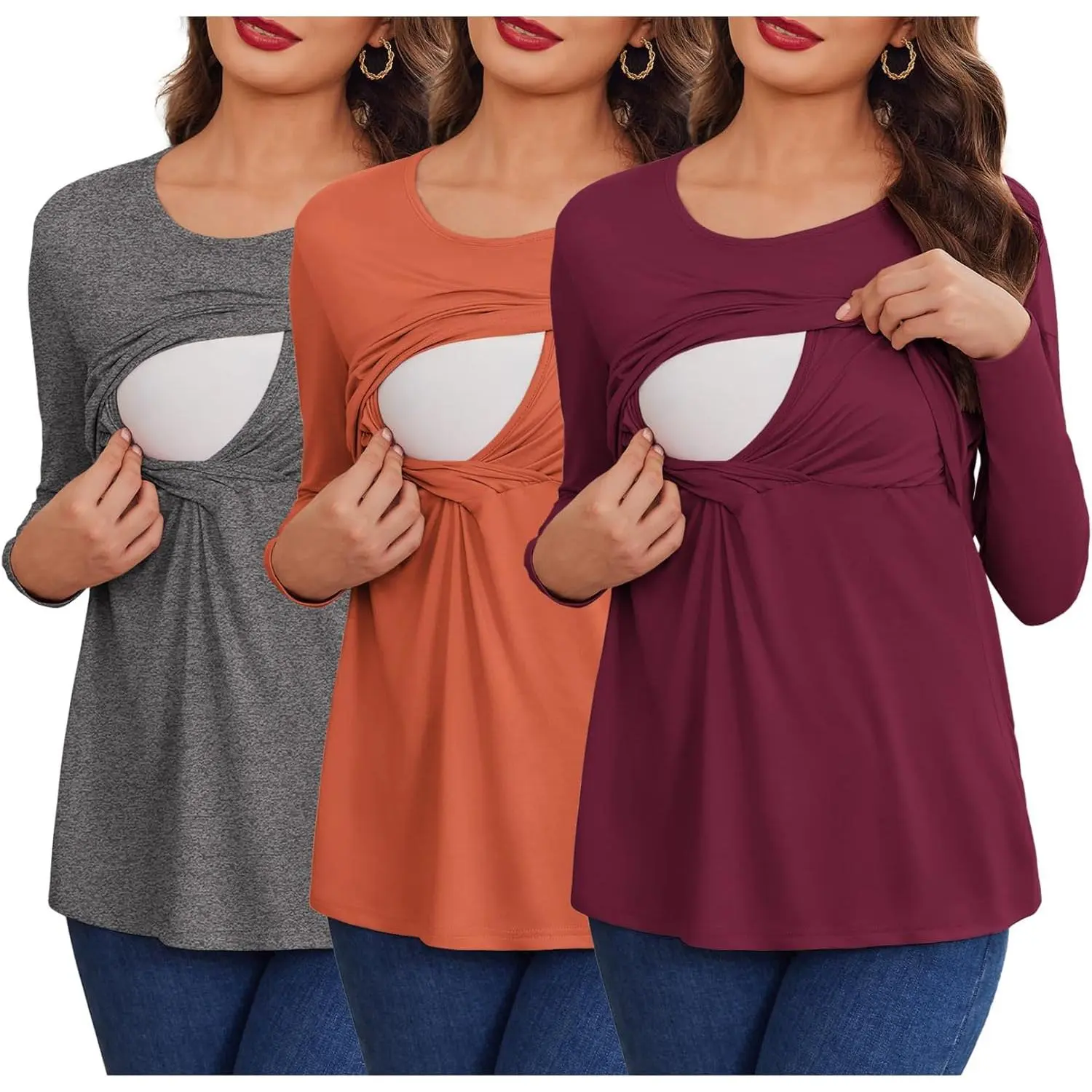 Women 3 Packs Nursing Shirts Long Sleeve Maternity Tops Double Layer Breastfeeding Tees Round Neck Pregnancy Blouse pregnant  clothes pregnancy  clothing affordable  maternity  clothes