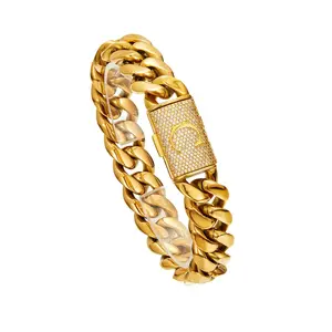 14mm Gold Miami Cuban Link Initial Bracelet – Custom A–Z Letter 18K Real Gold Plated Stainless Steel Solid Bracelet Waterproof & Scratch-Resistant Comes Perfect Gift for Boyfriend or Girlfriend chain