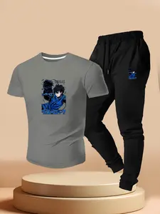 Blue Prison Anime Isagi Yoichi Selfish Print Men's Casual Short Sleeve T-Shirt + Sports Pants Set, Summer Streetwear