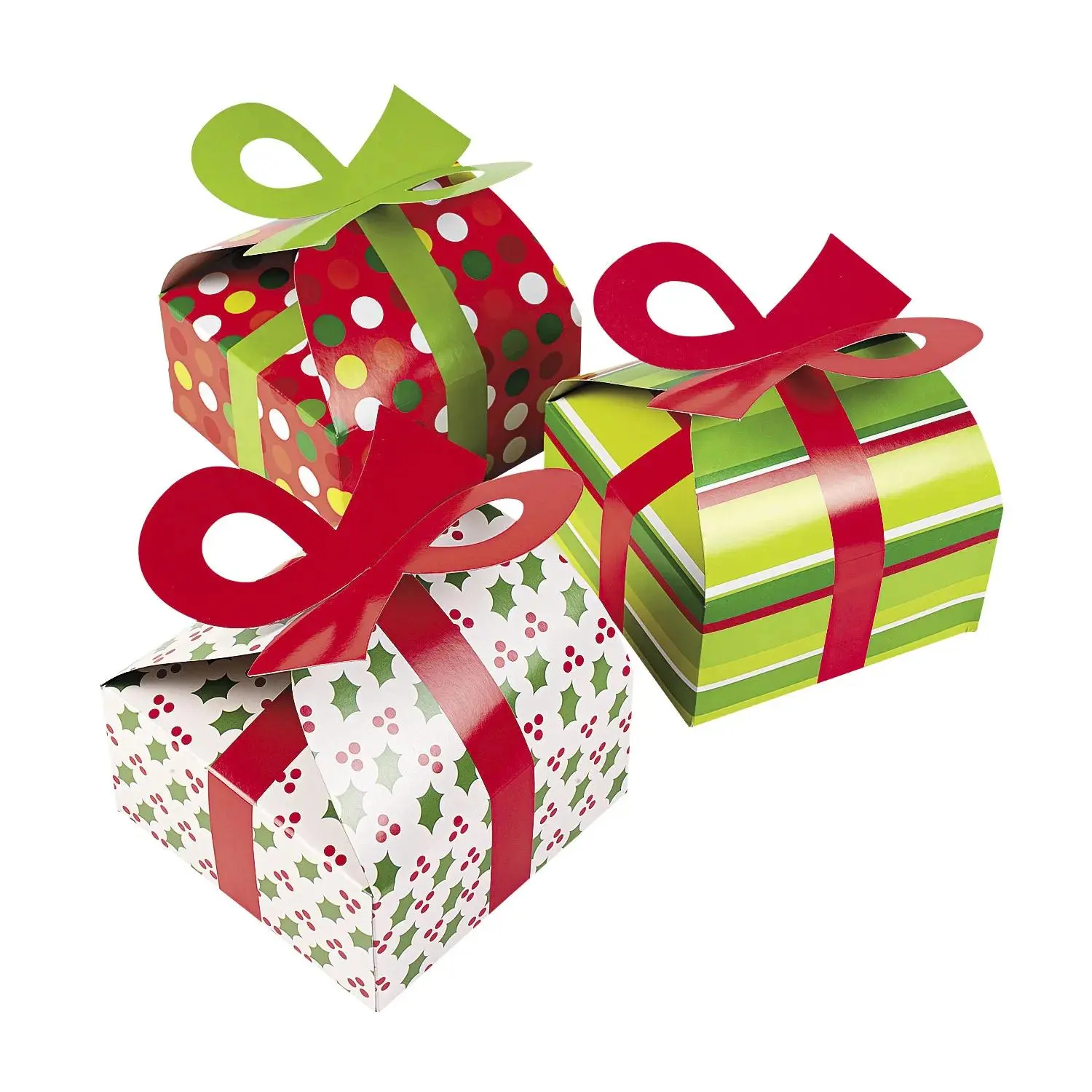 6" x 6" 3D Christmas Cardstock Gift Boxes with Built-In Bow - 12 Pc.