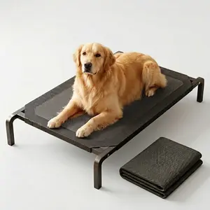 Large Size Elevated Cooling Pet Hammock Bed for Medium to Large Dogs, Black Breathable Mesh Fabric, Washable, Summer Outdoor Use, with Spare Mesh Fabric Included