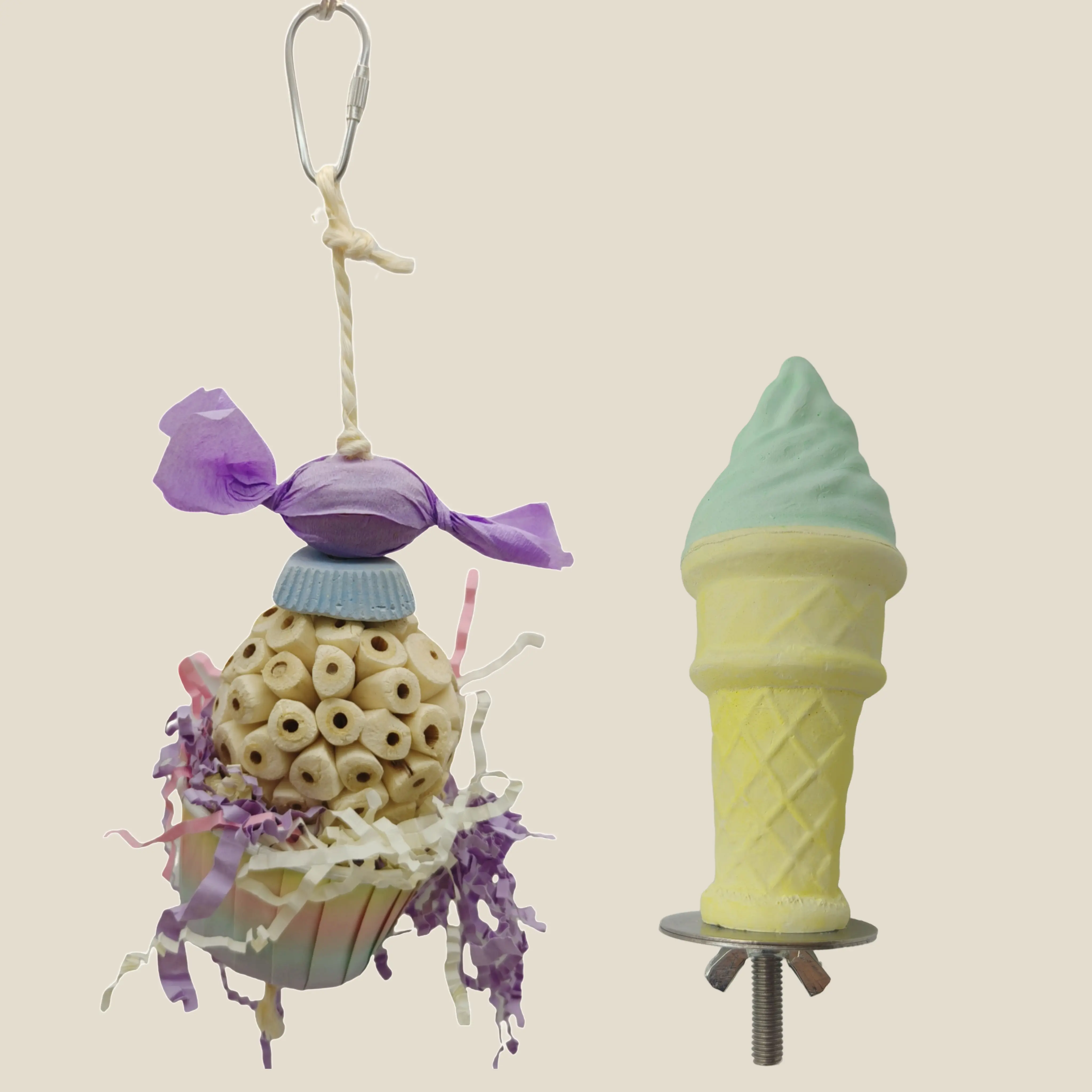 2-Piece Ice Cream Mineral Stand Perch & Cupcake Chew Shredder Toy Set - Calcium Supplement Station with Edible Treats for Small/Medium Parrots, Natural Chew Toys