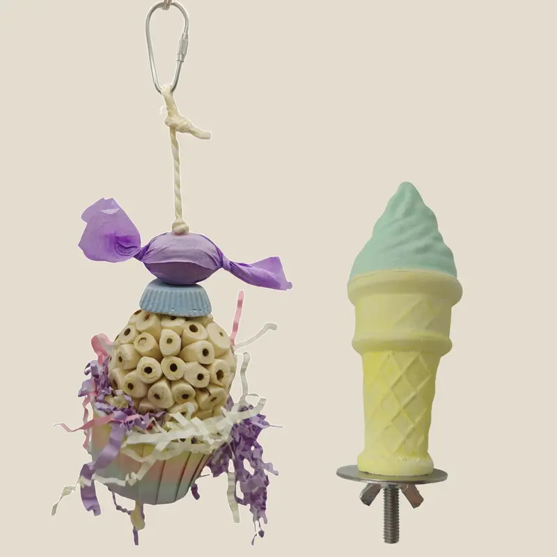 GoWitPaws 2-Piece Dual-Function Ice Cream Mineral Perch & Cupcake Chew Toy Set for Small-Medium Parrots, Conures - 1.8"x5.7" & 2.6"x9.5", Easy Cage Installation, Calcium Perch, Natural Sola Wood Edibles, Frosting-Style Treat, Festive Bird Enrichment