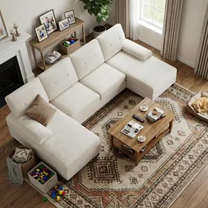 Walsunny Oversize Sectional Sofa Couche,  106‘’ U-shaped Sofa Bed, 4-Seat Sleeper modular Sofa with Cushion for Living Room, Apartment, White