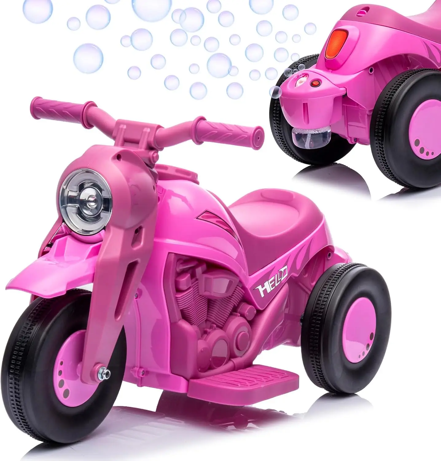 【Christmas Gift】6V 3-Wheeler Ride-On Bubble Motorcycle Ride on Machine, Ages 5+, Manual Drive, 55 lbs, Low Voltage (12V), Bubble Maker, Lights, Music, Pink Birthday Gift for Kids