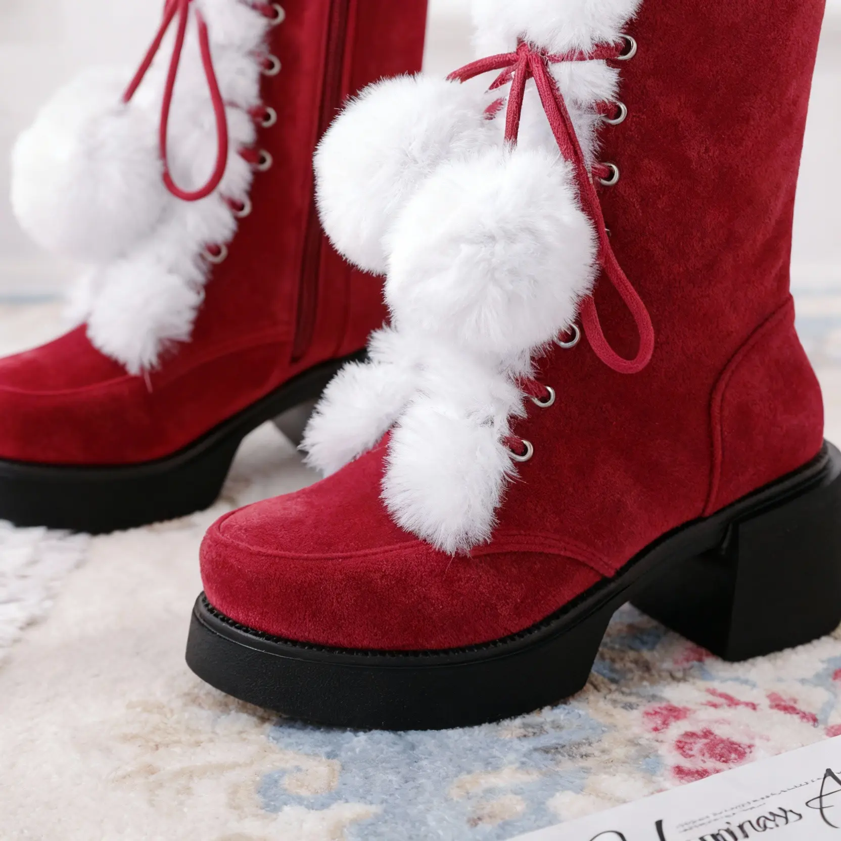 Christmas Magic Style Boots - Red Faux Fur High-Heeled Winter Boots for Women | Cozy Plush Lining & Non-Slip Soles | Perfect for Holiday Shopping & Everyday Wear