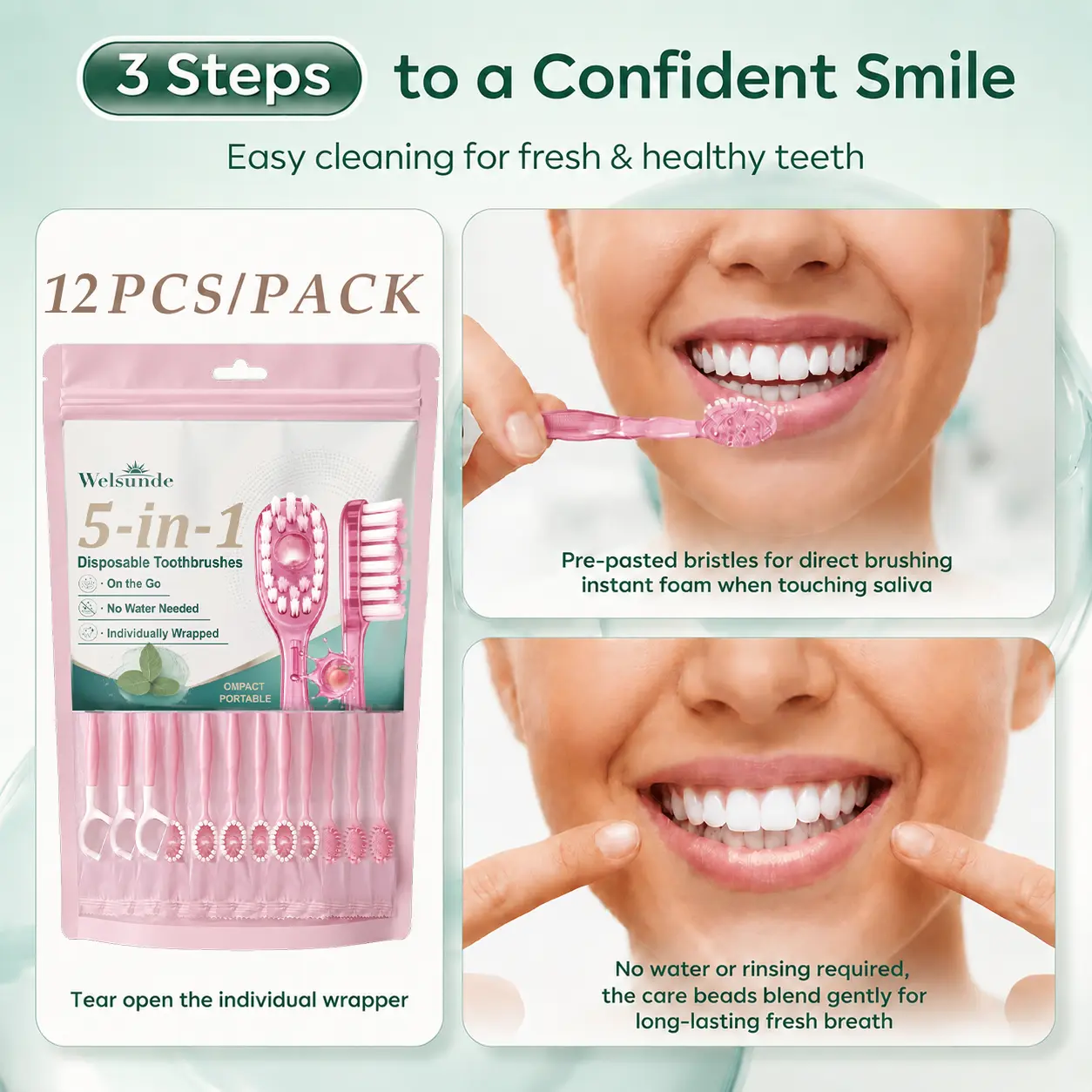 Mini Welsunde 5-in-1 Soft-Bristled Disposable Travel Toothbrushes 12/24 Pcs, Compact Handy Individual Pack Oral Cleaning Travel Kits with Tongue Cleaning Tongue Scraper & Dental Floss Picks, No Built-In Toothpaste Needed