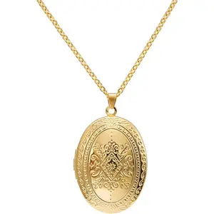 Vintage Engraved Flower Locket Picture Pendant Necklace Oval Heart Locket Hold Photo Picture Pendant Necklace Memory Jewelry