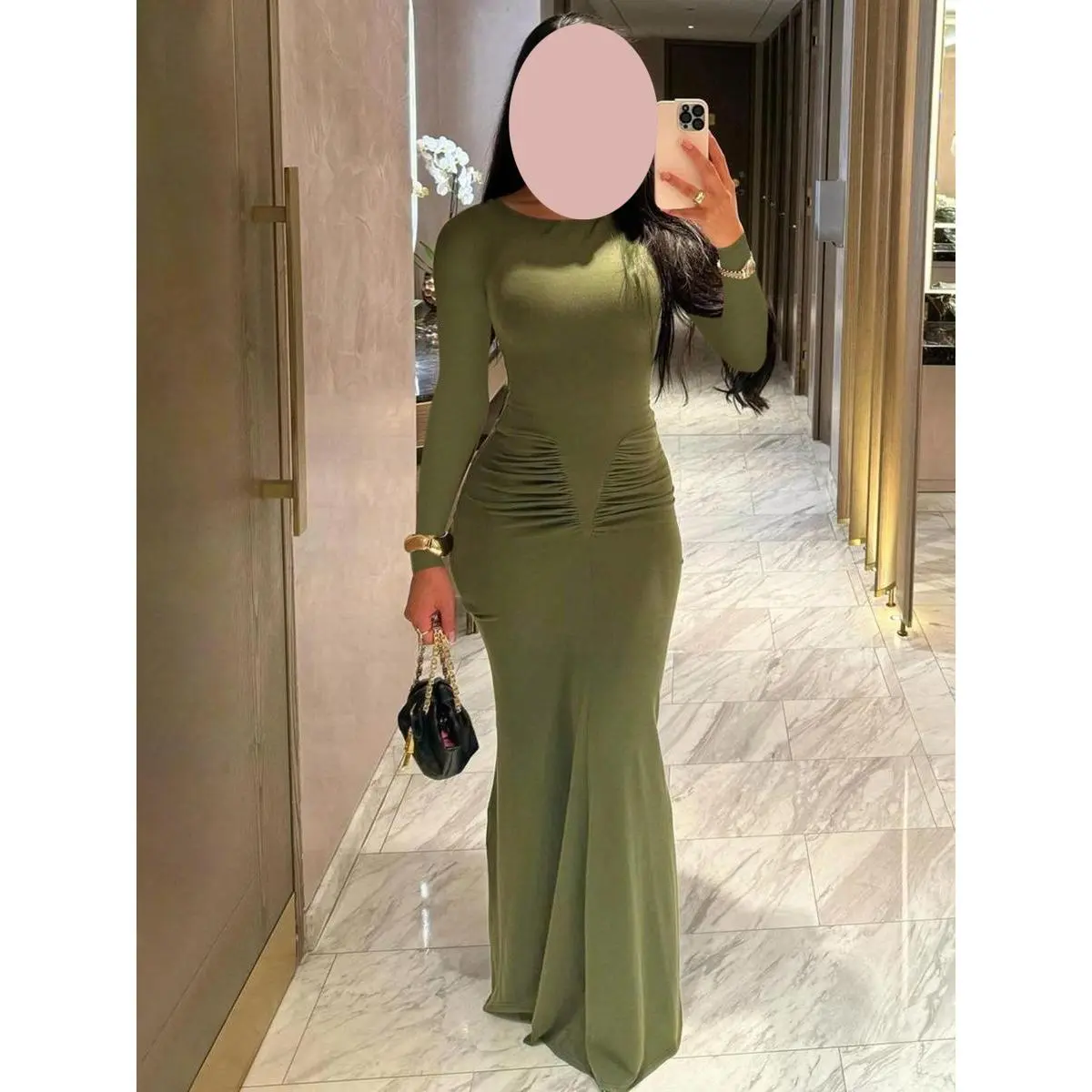 Women's Elegant Ruffled Long-Sleeve Round Neck Bodycon Dress - Slim Bodycon Fit Poly Jersey Fabric, Spring Party Wear, Ruching Detail, Machine Washable