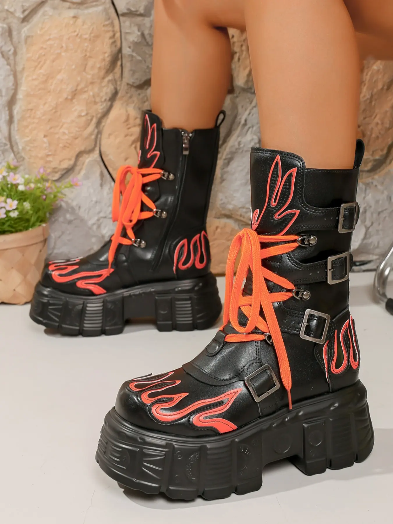 Women's Punk Style Motorcycle Boots, Punk Aesthetic, Round Toe Design, Zip Closure, PU Leather & Textile Material, All-Season Comfortable Shoes