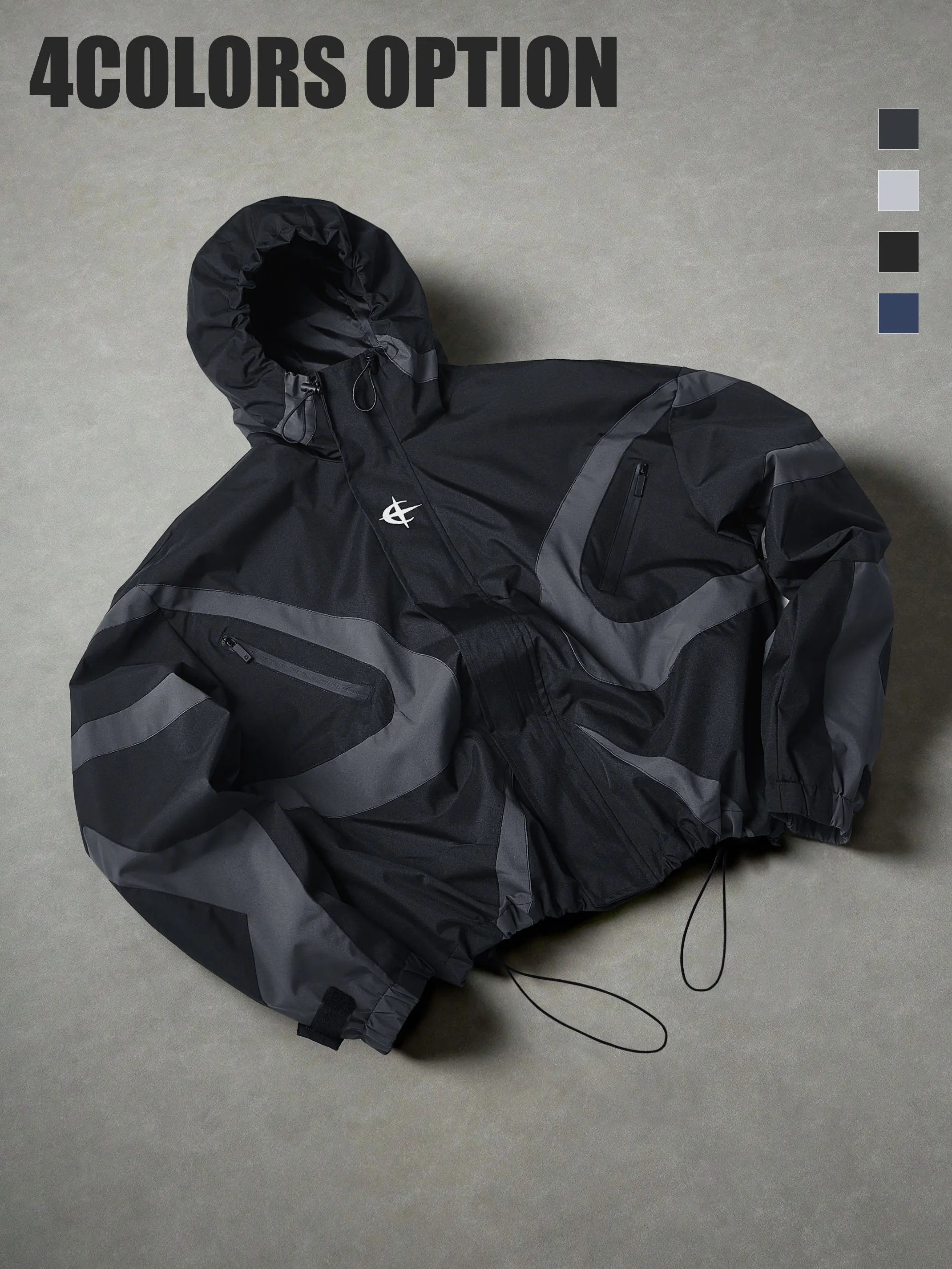 Men’s streetwear arc-shaped color-block design hooded hardshell jacket with breathable fabric, zippered pockets, functional windproof construction for cycling and mountaineering, workwear style.