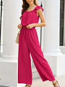 A women's solid color square neck casual sleeveless overalls pocketless sleeveless lotus sleeve jumpsuit, suitable for summer, suitable for daily outing and home use Lady