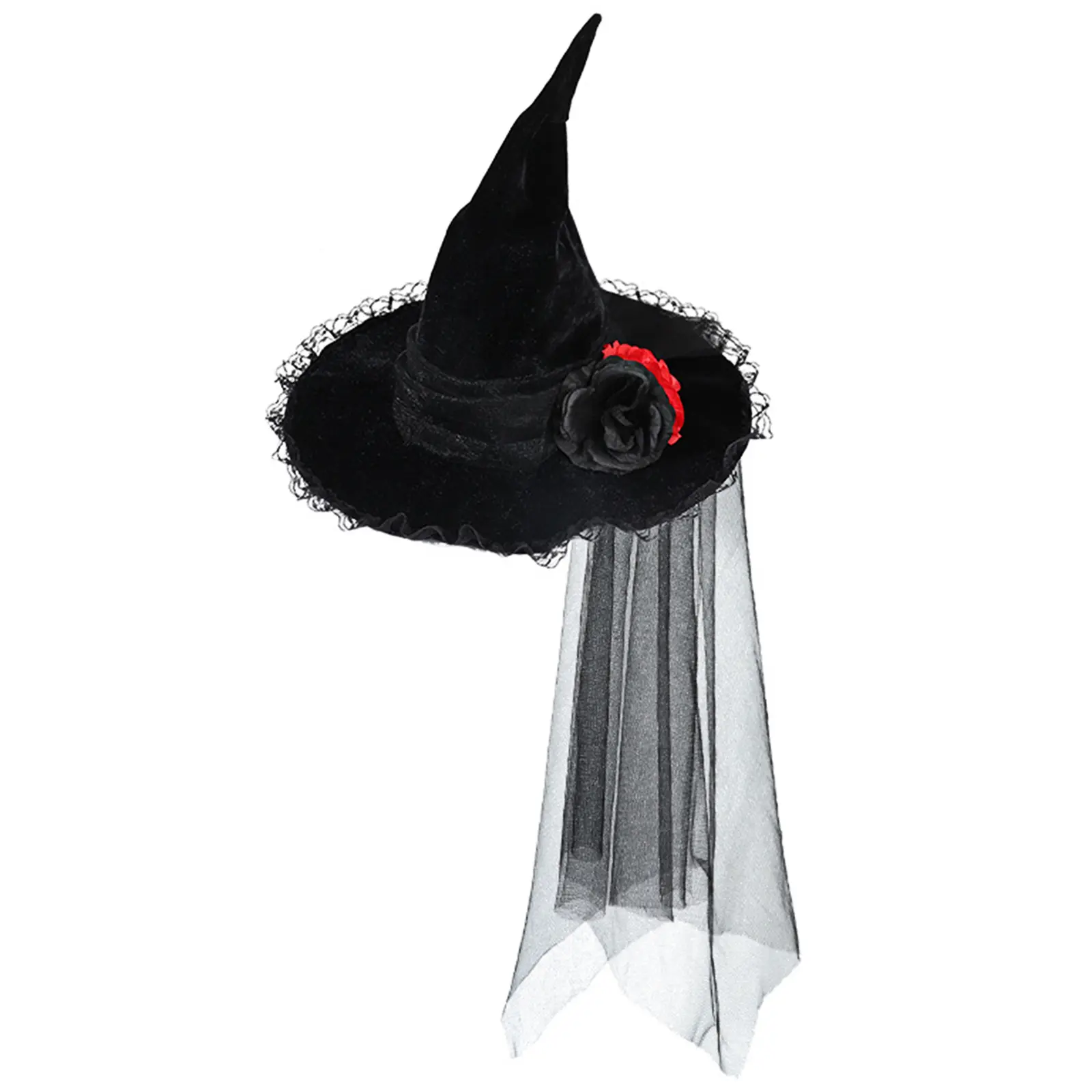 OIDEA Women's Pointed Gothic Witch Hat - Lightweight Velvet Costume Accessory with Lace, Tulle Veil, Rose, Goth Halloween Motifs Hats for Halloween, Accessories, Halloween Motif Hats