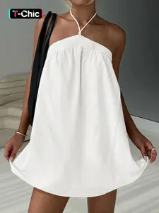 Women's Solid Color Halter Neck Tie Shoulder Cami Dress, Halter Strap Dress, Casual Sleeveless A Line Dress for Summer, Ladies Clothes for Beach Holiday