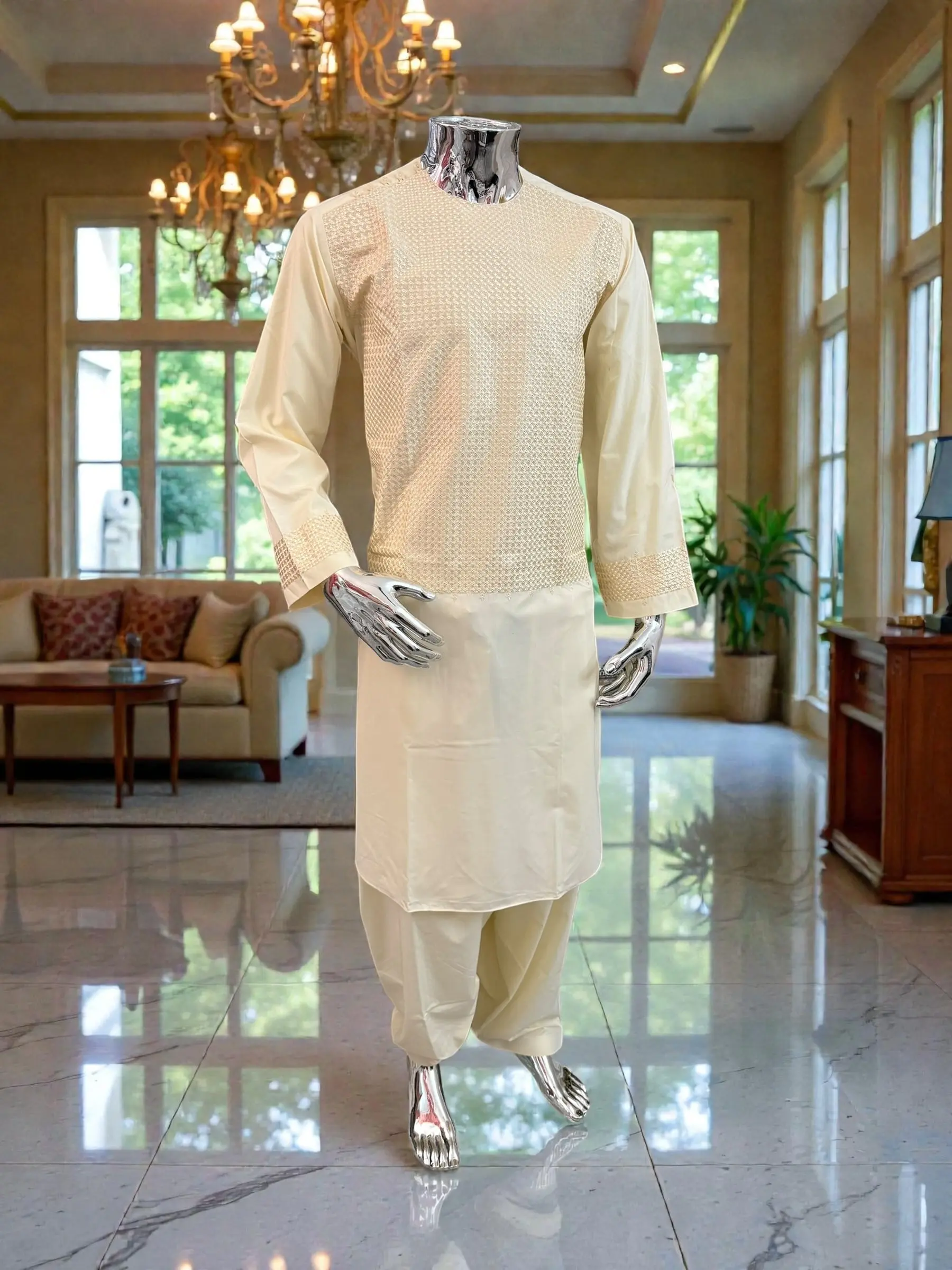 Medium Men’s Cream Parahan Tumban with Matching Embroidery – Afghan Traditional Outfit