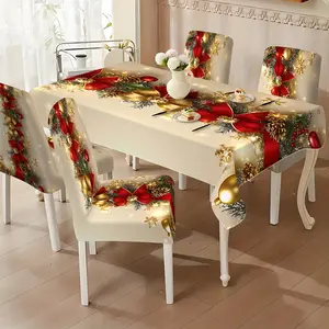 Retro Vintage Christmas Chair Cover Set (4/6 Pcs) - Red & Golden Wreath Print, Elastic Fit, Golden Bow Accent, Machine Washable Polyester-Like Fabric for Xmas Party Dining Decor (Fits Round/Rectangular Tables)