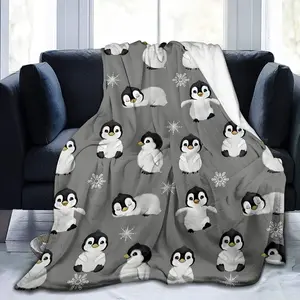Soft Flannel Penguin Print Blanket - Cozy & Healing Animal Design with Snowflakes, Perfect for Living Room Sofa or Bedroom Decor, Warm and Stylish Gift for Animal Lovers, Penguin Gifts, Cozy Home Accessory, Playful Home Accessory, Skinfriendly Fabric