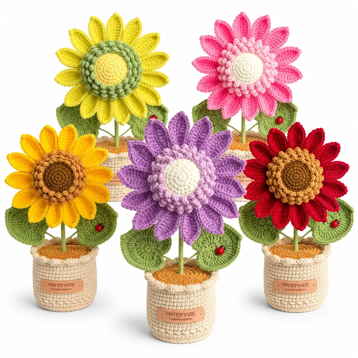 Handmade Crochet Sunflower & Mum Flower Potted Knitted Decorations for Home Office Car Desk Party Anniversary Christmas Gift Ideas Yellow Decorative