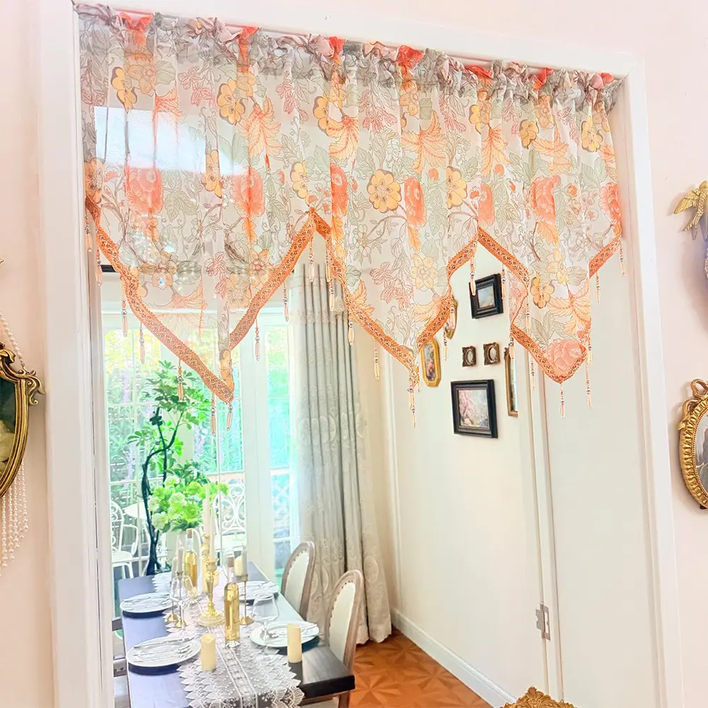 French Vintage Triangle Curtain, Floral Fringe Beaded Sheer Drapery, No Drill Easy to Install Home Decorative Curtain for Living Room Bedroom Kitchen, American Luxury Lace Door Header Curtain, Home Decoration Curtain