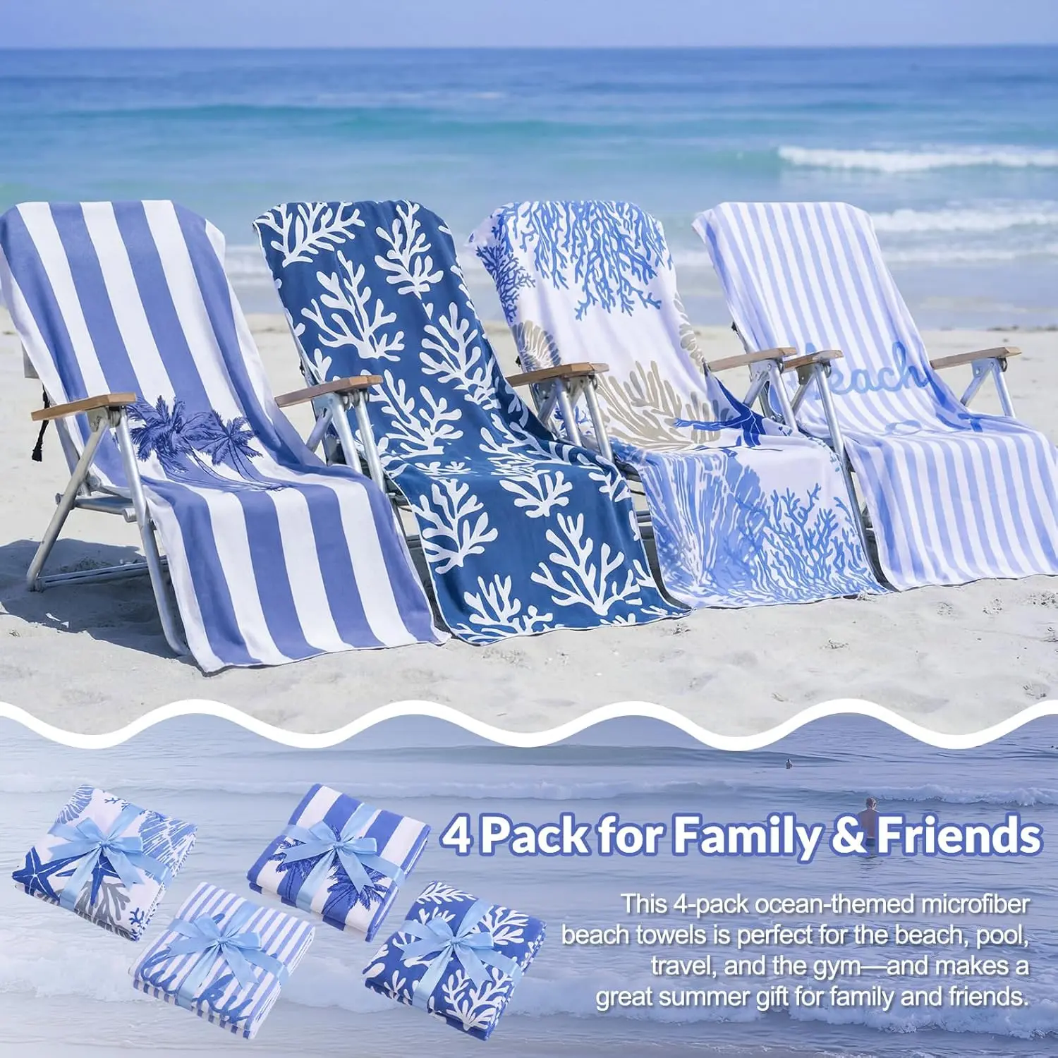 4-Pack Oversized Microfiber Beach Towel Set (70x35 in) - Quick Drying, Sand-Free, Lightweight Swim Towels for Adults, Pool & Travel Use, Microfiber Towel Set
