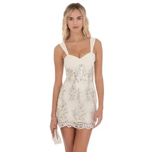 Gold Thread Floral Sequin Dress in Ivory