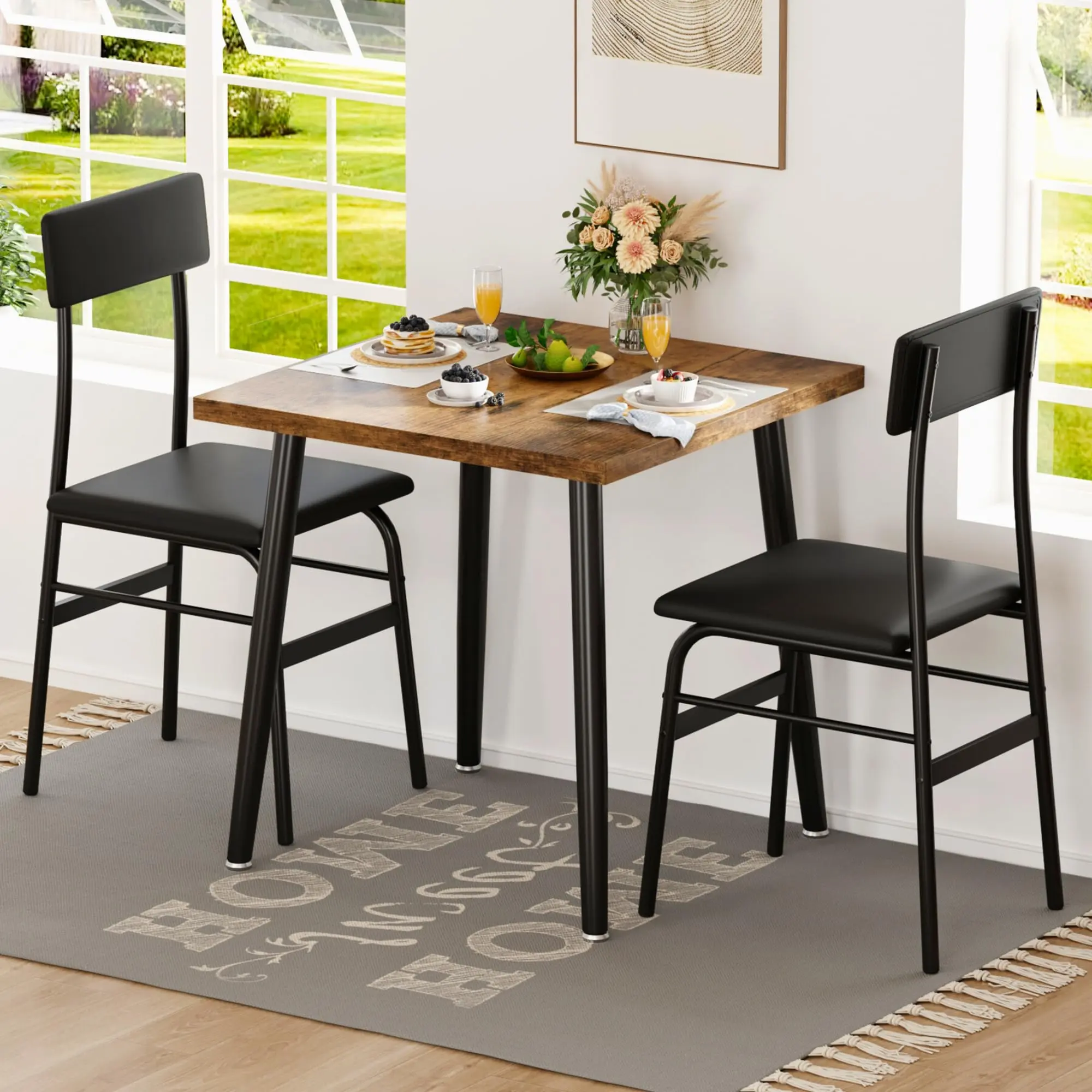 Indoor 3-Piece Compact Dining Set for 2 - Space Saving Furniture, Wood-Metal Table, 2 Upholstered Chairs - Ideal for Apartments, Breakfast Nooks