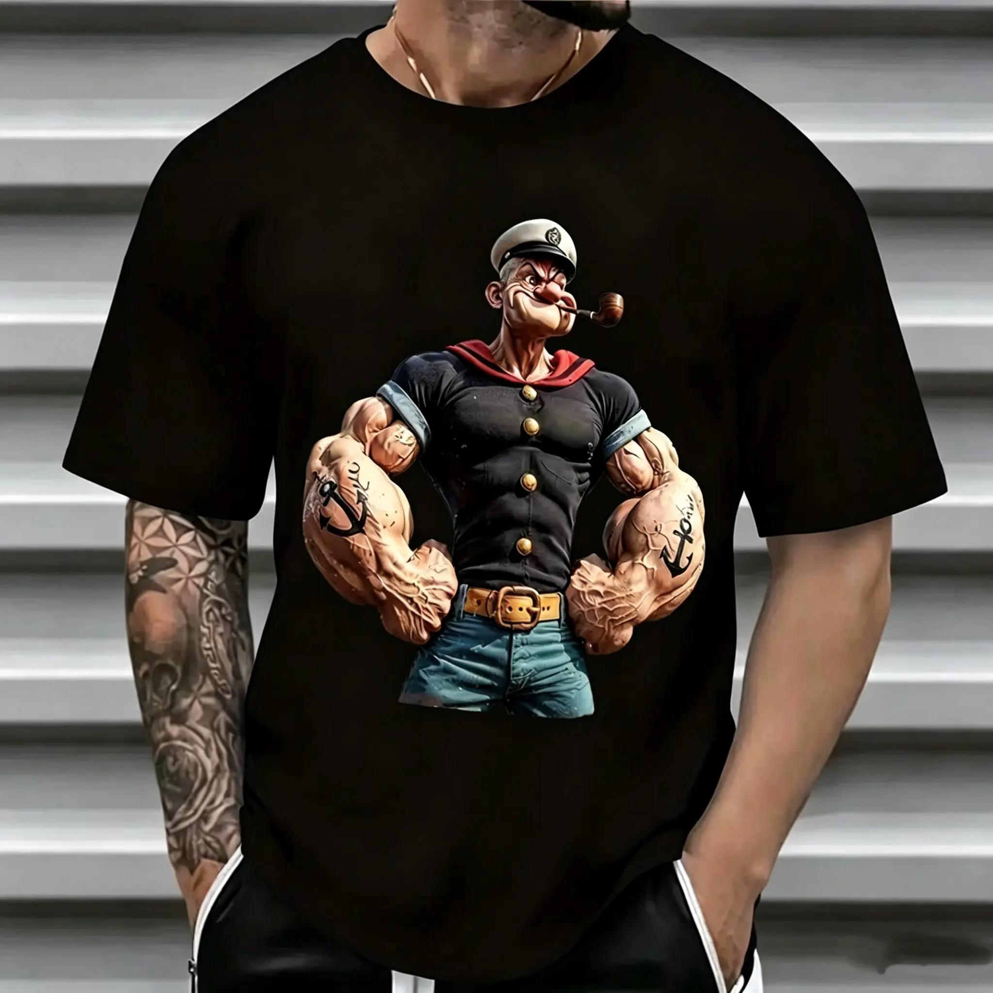 Men's Cartoon Print Popeye T-Shirt - Short-Sleeve Round Neck Menswear Top with Anchor, Hat, Pipe, Muscle Designs, Casual Logo Style for Watch Parties, Watch Party, No, Pipe & Hat Motifs, Short Sleeves Keep Shoulders Airy, All Season, Anchor Motif, Anchor