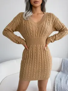 Women's Cable Knit Sweater Dress With V Neck, Casual Drop Shoulder Style for Fall & Winter