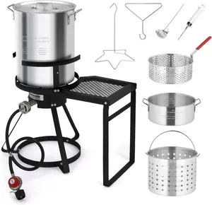 ROVSUN 30QT Turkey Fryer & 10QT Fish Fryer Kit, 55000BTU Propane Stove with Shelf, Aluminum Outdoor Deep Fryer & Seafood Boiler Steamer w/Baskets, Thermometer, Marinade Injector, Turkey Rack & Lifter
