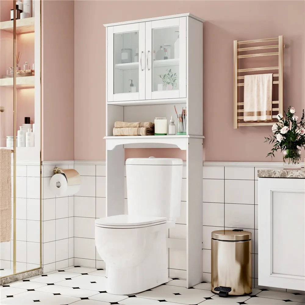 Yaheetech Indoor Wooden Over-the-Toilet Bathroom Cabinet, Slim Legs Space-Saver Bathroom Accessory, Sturdy 2-Door Tempered Glass Storage Unit with Adjustable Shelf, Requires Assembly for Restroom