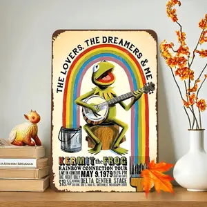 [2D Flat] Home Relaxation, Kermit the Frog Rainbow Tour Metal Poster - Vintage-Inspired Frameless Wall Art, Decorative Sign for Home & Office, Ideal Holiday Gift, Featuring Kermit Playing Banjo & Frog, Room Decor, Perfect for Room