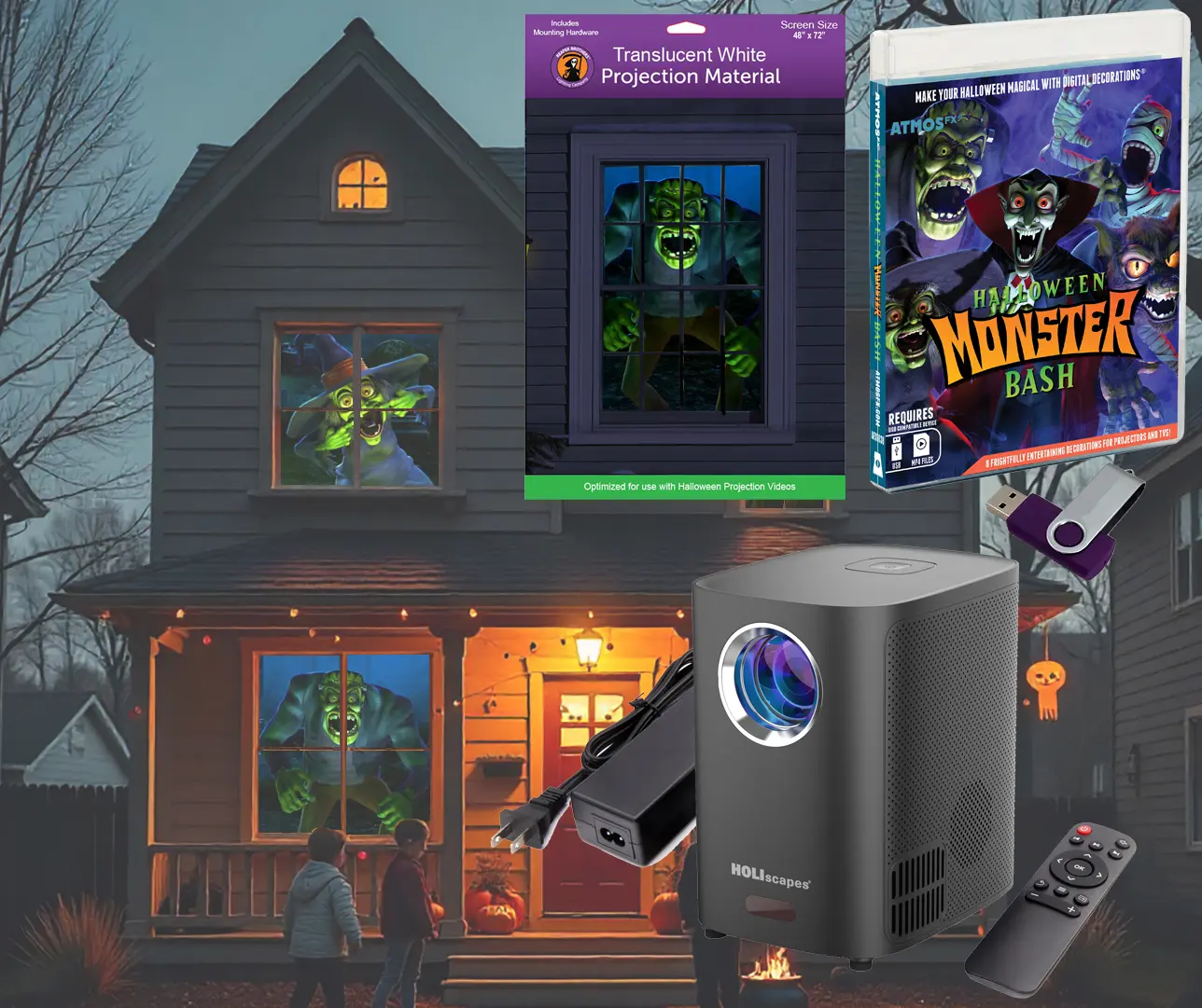 HoliScapes USB Projector Kit - AtmosFx Monster Bash USB + Projector + White 48” x 72” Holographic Projection Screen