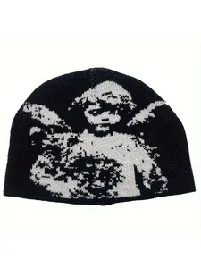 Angel Jacquard Beanie Black & White Edgeless Skull Cap Winter Hat for Women & Men Gothic Beanie for Everyday & Formal Events Beanies
