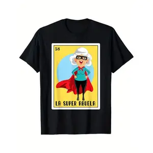 Cotton La Super Abuela Funny Bingo Black T-Shirt for Men – Spanish-Mexican Gift Idea, Perfect for Grandmother Appreciation and Family Celebrations