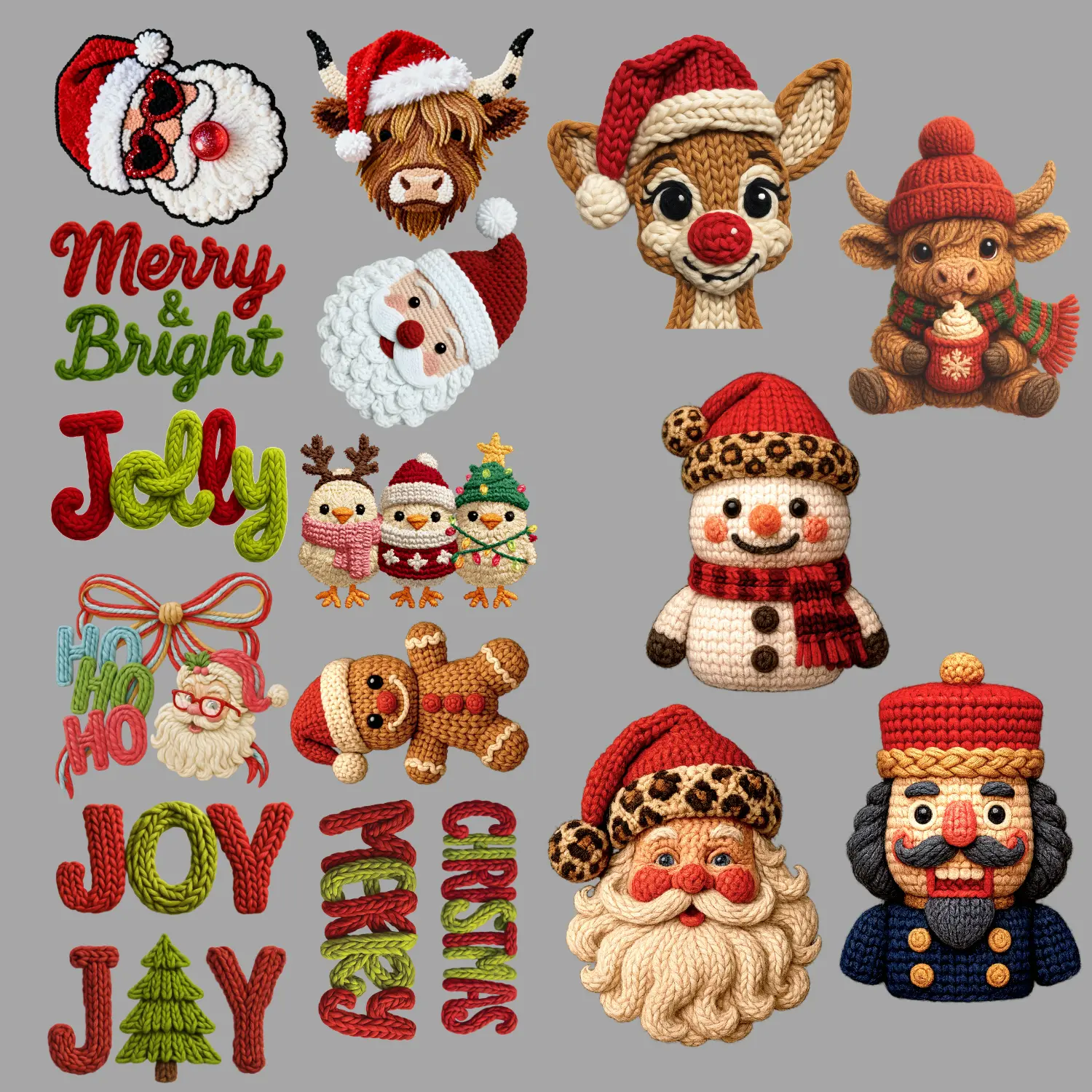 Faux Yarn Christmas Premade Gangsheet 17 Full Size Transfers Ready to Press DTF Transfer Hot Peel for Adult Prints Art Santa Crochet Doll