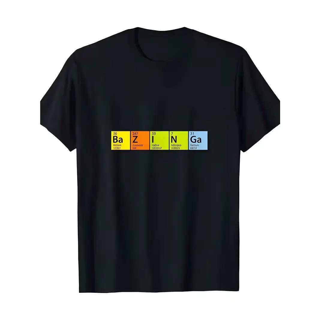 Women's Bazinga Inspired Casual Classic Simple Day Short-Sleeve Black Round Neck Graphic Tee, Colorful Periodic Table Element Design for Science & Humor Fans, Shortsleeve, Breathable, Loose, Cotton, Soft, Everyday