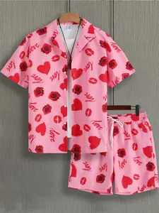 Men's Pink Love-Themed 2-Piece Casual Set - Short-Sleeve Button Shirt & Drawstring Shorts with Rose/Heart/Lip Print & "Love" Letter Pattern, Lightweight Breathable Fabric, Relaxed Fit, Stylish for Valentine's Day, Date Nights & Casual Weekend Wear
