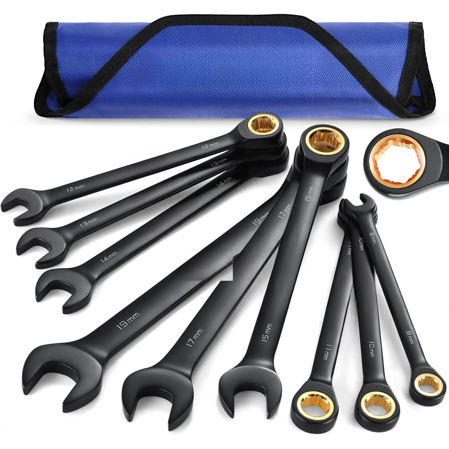 9-Piece Anti-Slip Ratcheting Combination Wrench Set, Metric 8-19 mm, 72-Teeth, Cr-V Constructed, Black Ratchet Wrenches Set with Roll Up Pouch