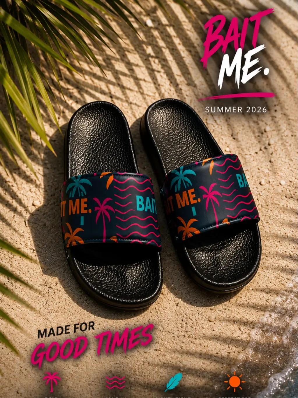 Bait Me. Neon Palm Womens Slides – Retro Summer Comfort Sandals