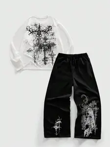 Unisex Gothic Two-Piece Set with Graphic Prints, Long Sleeve Top and Loose Trousers, Oversized Casual Wear for Campus or Weekend Outings