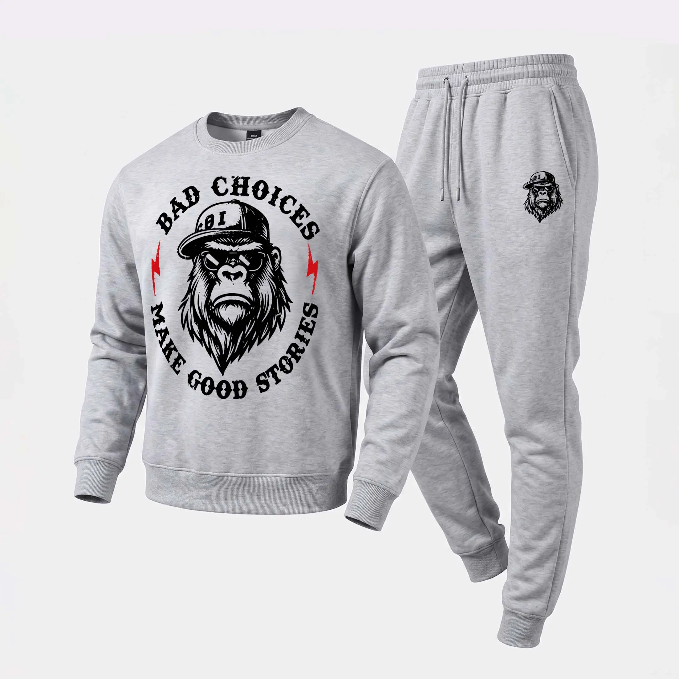 Men's 2-Piece "Bad Choices Make Good Stories" Graphic Matching Set - Crew Neck Round Neck Long Sleeve Pullover Sweatshirt & Drawstring Jogger Pants, Fabric Tracksuit for Fall Winter Daily Wear, Lounge
