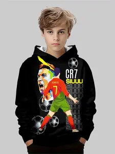 Boys' Football Fan Hoodie with Player Graphic, Casual Sporty Style, Fitted Polyester Fabric, Fall & Winter Wear, Graphic Team Hoodie