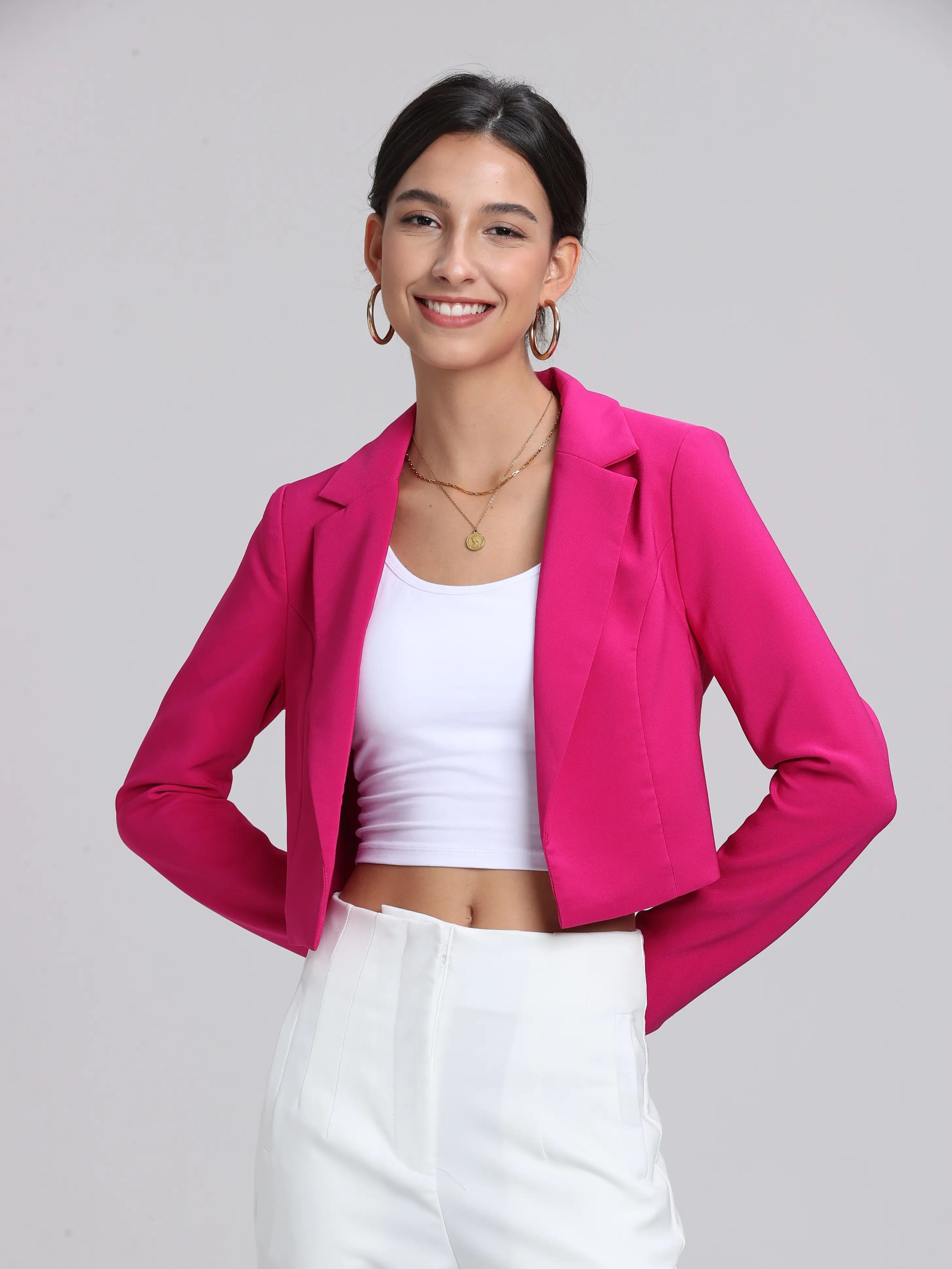Women's Casual Blazer, Long-Sleeved Bright Pink Short Blazer, Business Suit, Suitable for Work and Everyday Wear, Buttonless Design,tailored cropped blazer,business casual blazer,Party outfits