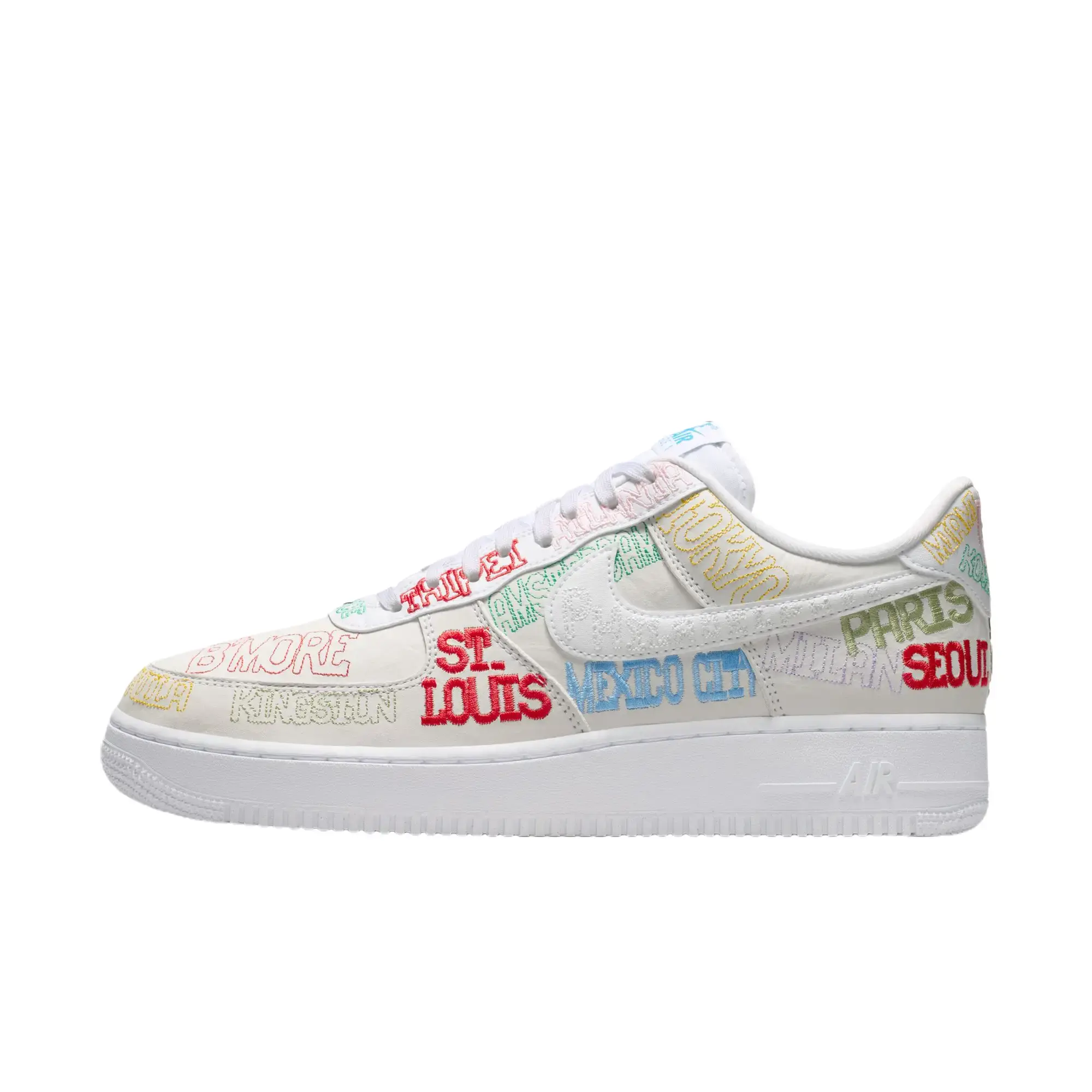 Nike Air Force 1 Low 'World Tour-White' Men's Classic Leather Sneakers - Low Cut, Leather Upper, Embroidered City Names, Air Cushioning, Everyday Wear Men's Shoes, Multi-Size, Travel-Inspired Look, Global-Inspired Details, Colorful Embroidered City Names,