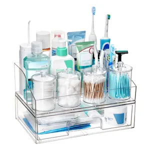 【Live Only】Vtopmart 6 PCS Bathroom Countertop Organizer, 1 Divided Tray with 4 Qtip Holder Jars and 1 Drawers, Restroom Clear Organizers for Toothbrush, Cotton Pads, Vanity Accessories Storage Set, DealsForYouDays (Mid Year Sale Restock) fathersdaygift