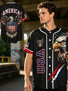 American Eagle Full-Print Baseball Jersey, Casual Button-Up Top, Streetwear for Sports Lovers, All-Over Print, Short Sleeve, Long Length