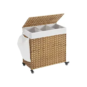 SONGMICS Laundry Hamper with Lid,  Large Capacity, Rolling Laundry Basket with Wheels, 3-Section Synthetic Rattan, Removable Liner