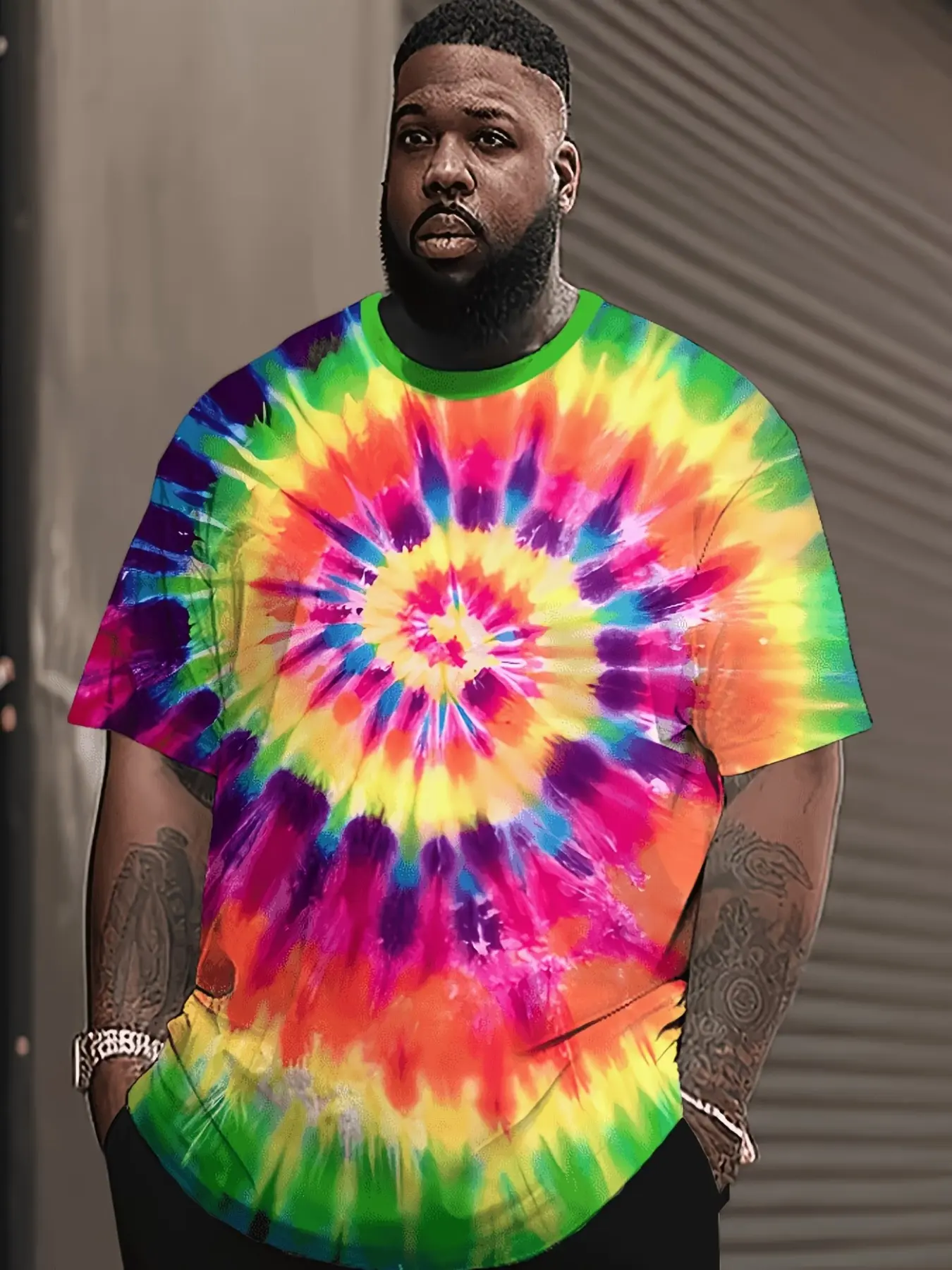 Men's Plus Size Spiral Rainbow Tie Dye T-Shirt Streetwear, Casual Short Sleeve Round Neck, Loose Fit, Relaxed Fit, All Seasons, Long Clothing
