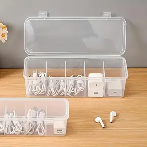 Large Capacity Cable Management Box with Lid, 5 Compartment Design Desktop Storage Box, Durable Plastic Desktop Storage Solution for Office and Home